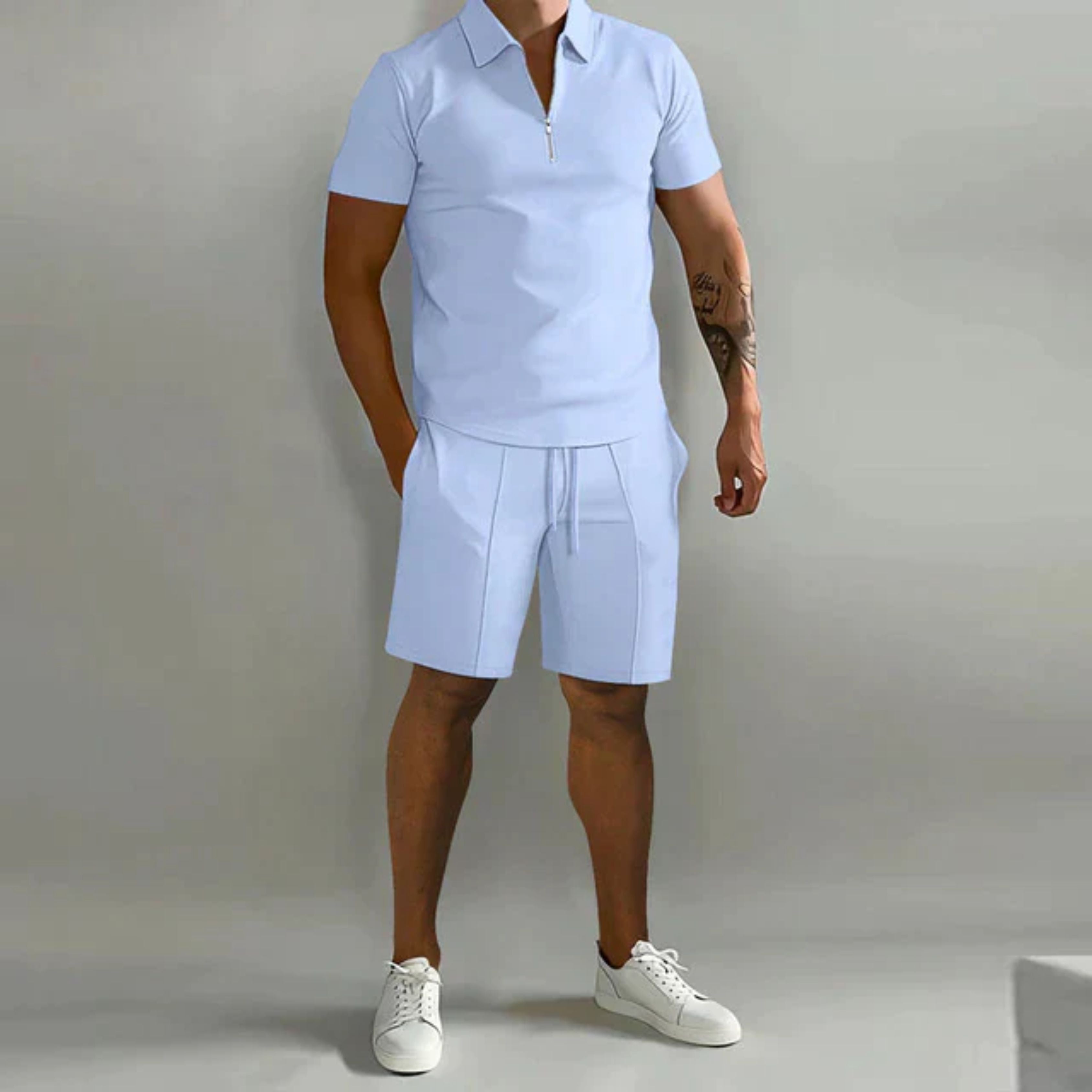 Shorts and Tshirt Set | Quarter Zip | Polo Shirt | Two-Piece Set | Men's Summer Clothes-Men Set-Chaps of London-Light Blue-S-Chaps of London