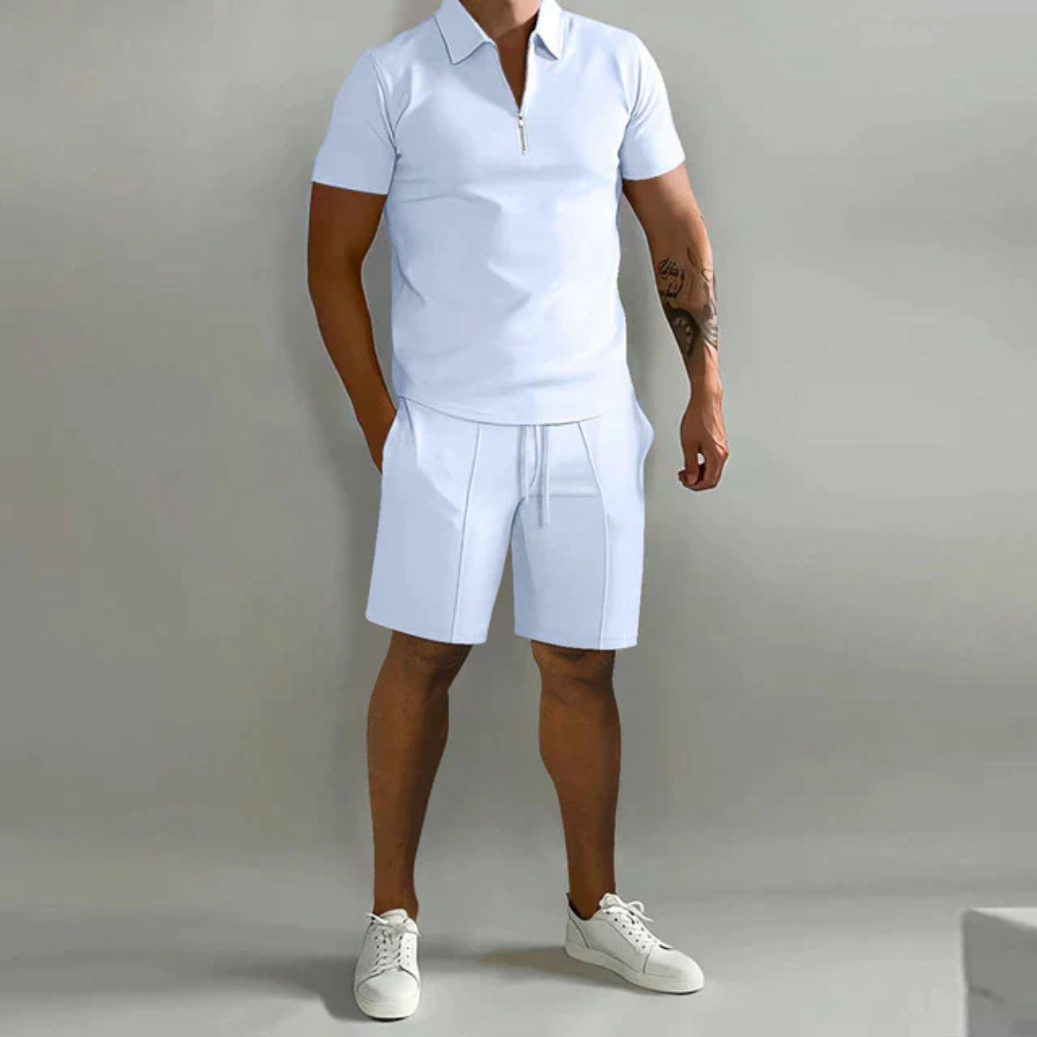 Shorts and Tshirt Set | Quarter Zip | Polo Shirt | Two-Piece Set | Men's Summer Clothes-Men Set-Chaps of London-White-S-Chaps of London
