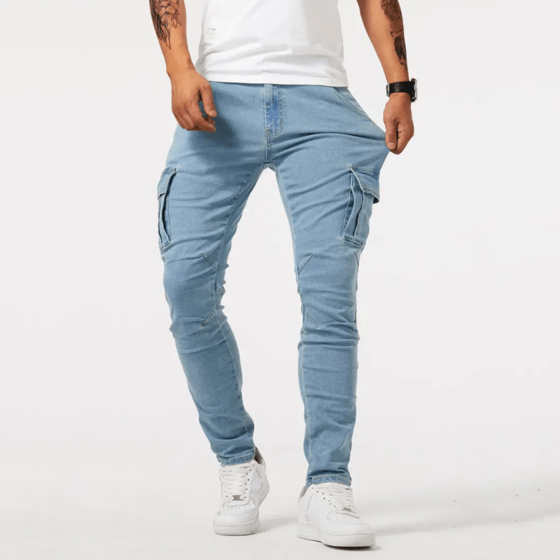Skinny Cargo Jeans - Men's Stretch Slim Fit Cargo Jeans -Chaps of London-Light Blue-S-Chaps of London