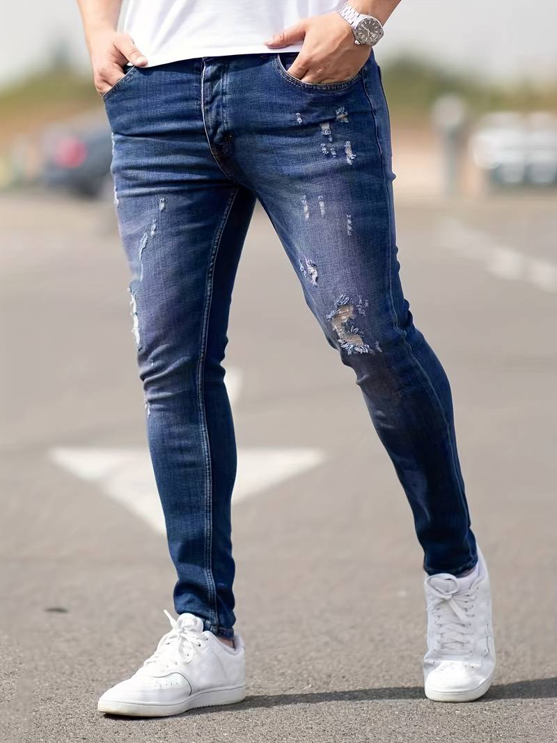 Skinny Jeans - Blue - Slim Fit - Ripped Jeans - Men's Jeans-jeans, Skinny jeans-Chaps of London-Chaps of London