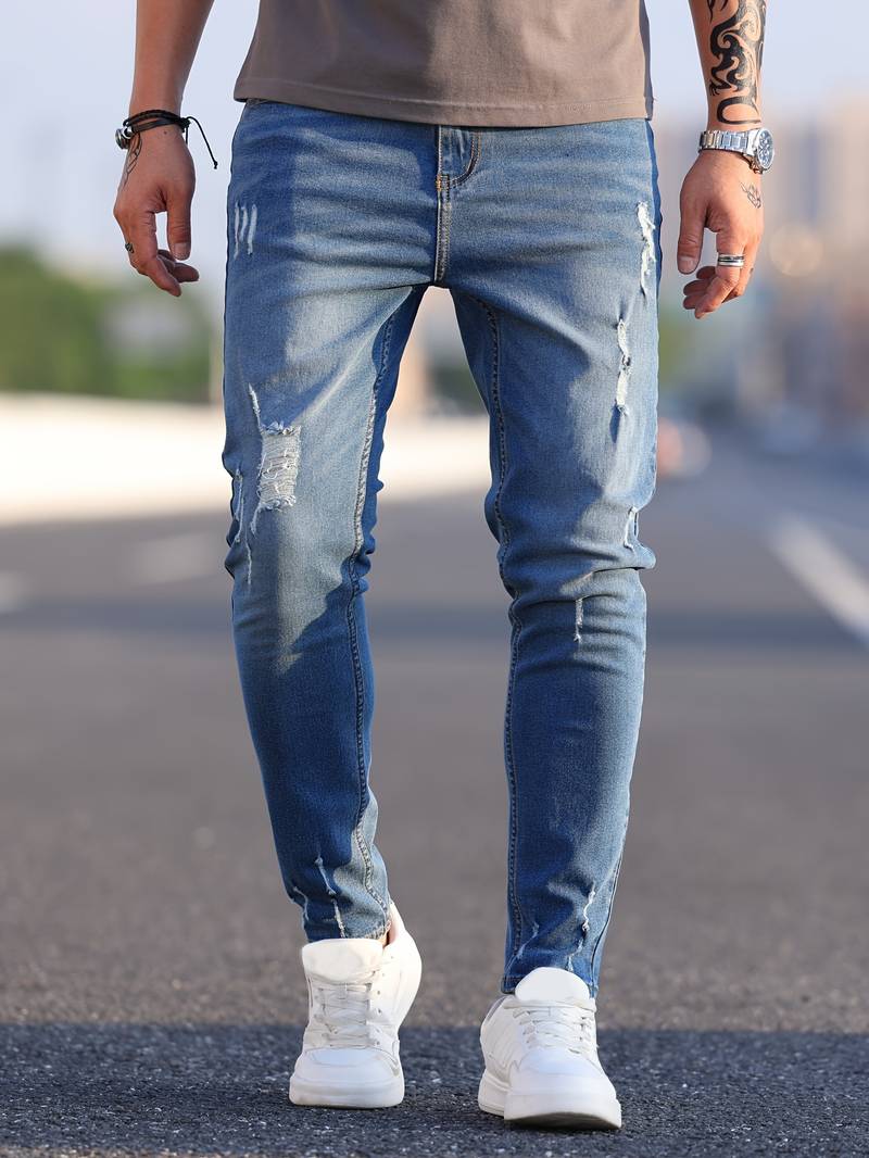 Skinny Jeans - Blue - Slim Fit - Ripped Jeans - Men's Jeans-jeans, Skinny jeans-Chaps of London-Chaps of London