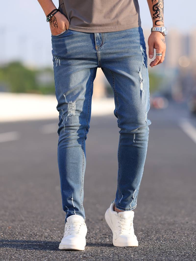 Skinny Jeans - Blue - Slim Fit - Ripped Jeans - Men's Jeans-jeans, Skinny jeans-Chaps of London-Chaps of London