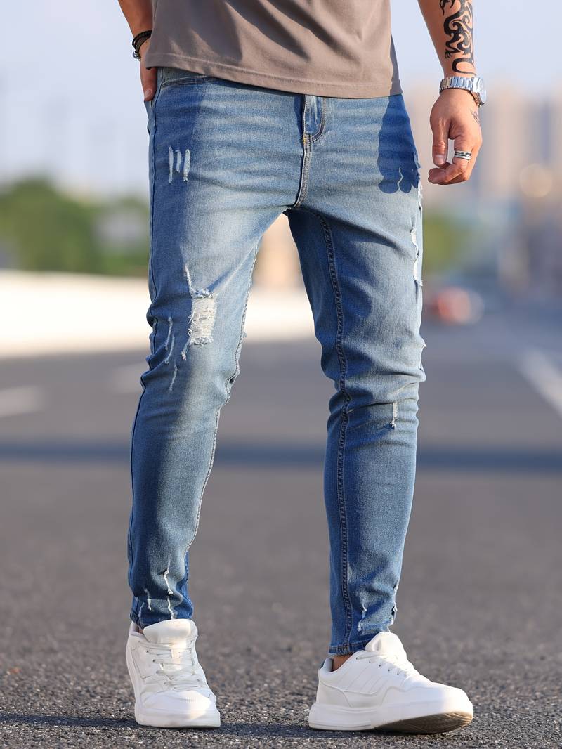 Skinny Jeans - Blue - Slim Fit - Ripped Jeans - Men's Jeans-jeans, Skinny jeans-Chaps of London-Deep Sky Blue-XS-Chaps of London