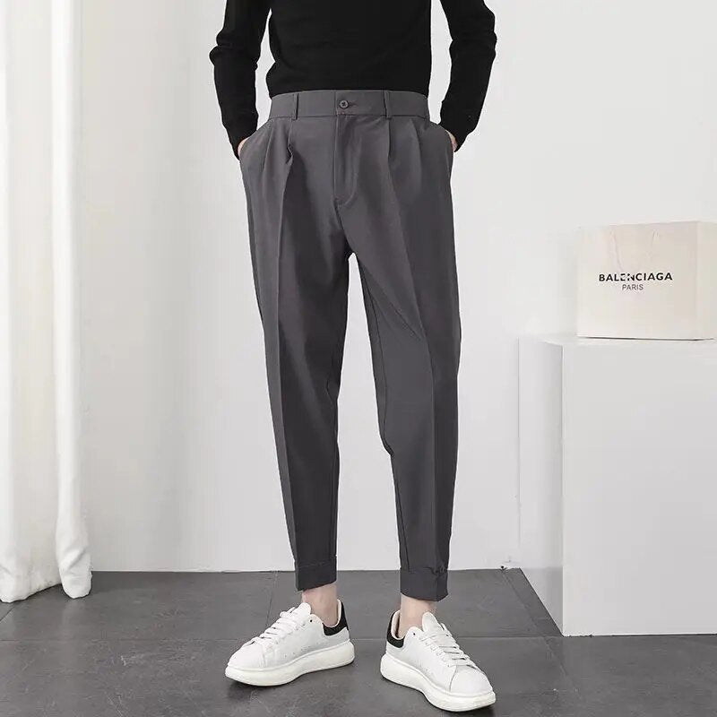 Slack Pants - Men's Loose Fit Elastic Waist Pleated Trousers-Pants-Chaps of London-Dark Gray-28-Chaps of London
