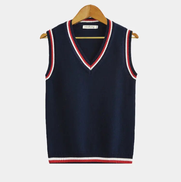 Sleeveless Jumper - Knitted - V-Neck - Sweater Vest - Men's Clothing-Chaps of London-Blue/Red-XS-Chaps of London