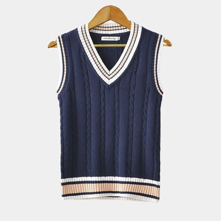 Sleeveless Jumper - Knitted - V-Neck - Sweater Vest - Men's Clothing-Chaps of London-Blue/White-XS-Chaps of London