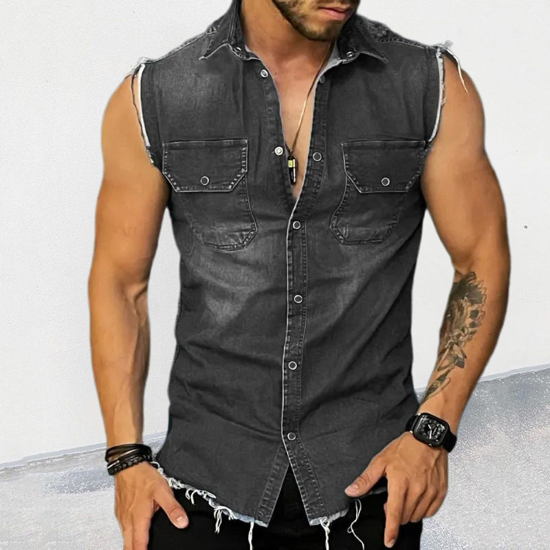 Sleeveless Shirt | Button-Up | Slim Fit | Denim Shirt | Men's Clothing-Shirts & Tops-Chaps of London-Black-S-Chaps of London