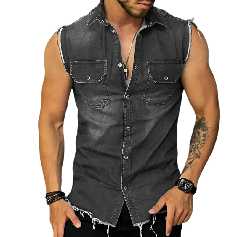 Sleeveless Shirt | Button-Up | Slim Fit | Denim Shirt | Men's Clothing-Shirts & Tops-Chaps of London-Chaps of London