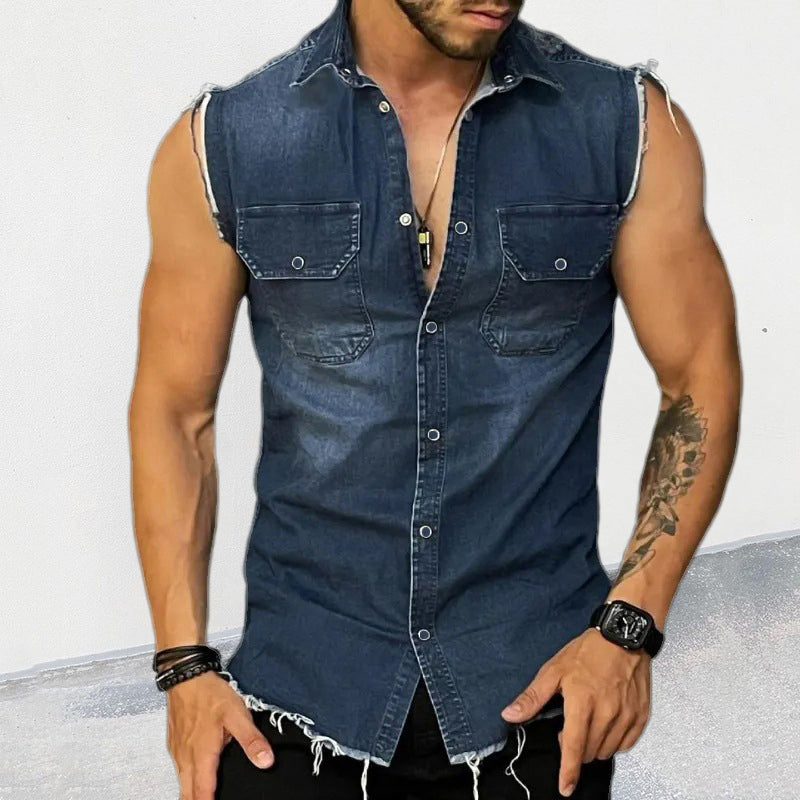 Sleeveless Shirt | Button-Up | Slim Fit | Denim Shirt | Men's Clothing-Shirts & Tops-Chaps of London-Dark Blue-S-Chaps of London