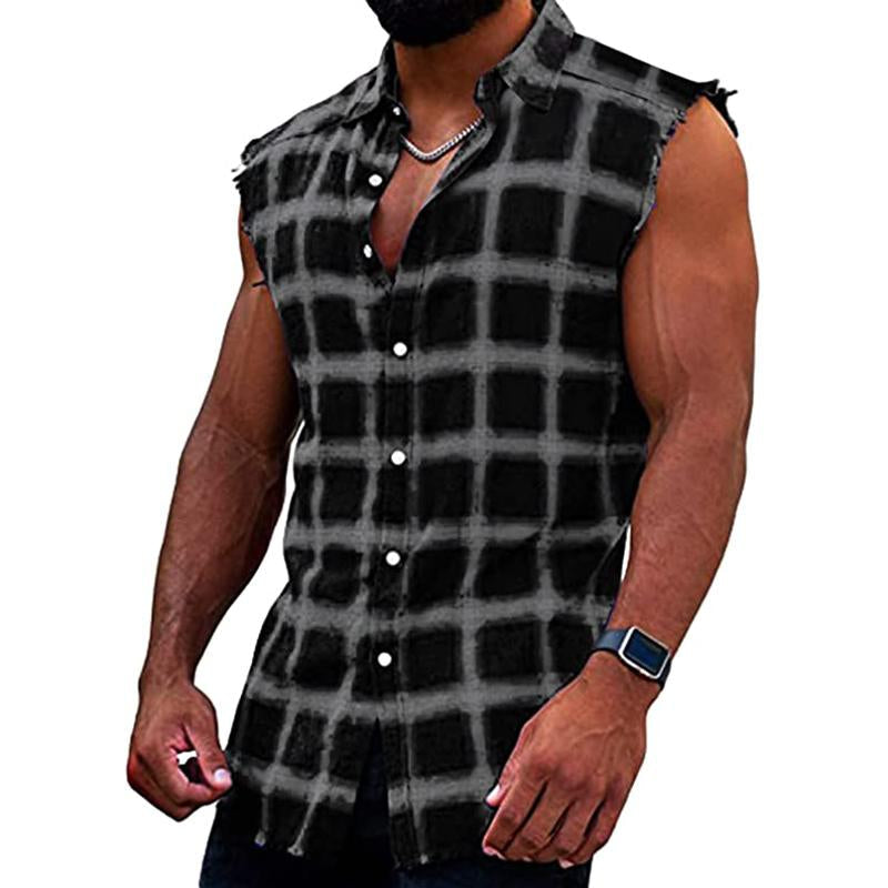 Sleeveless Shirt - Casual - Plaid - Button-Up Shirt - Men's Clothing-Men's Top-Chaps Herrenmode-Black-S-Chaps of London