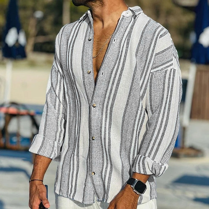 Striped Shirt - Long Sleeve - Loose Fit - Linen Shirt - Men's Summer Shirt-Chaps of London-Black-S-Chaps of London