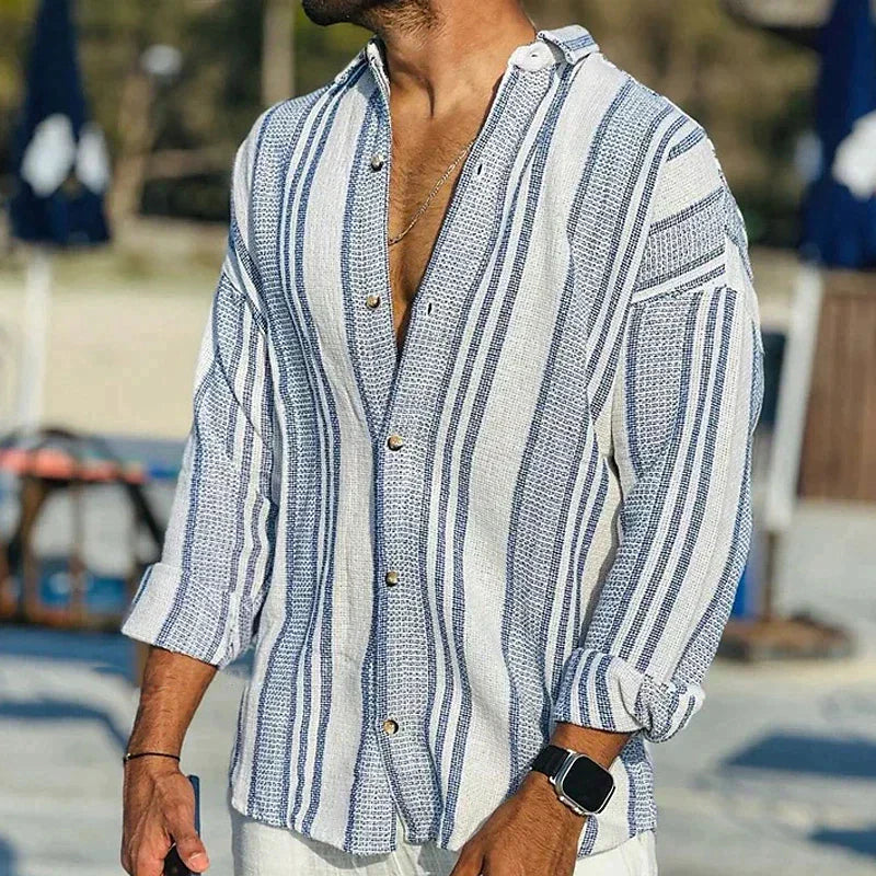 Striped Shirt - Long Sleeve - Loose Fit - Linen Shirt - Men's Summer Shirt-Chaps of London-Blue-S-Chaps of London