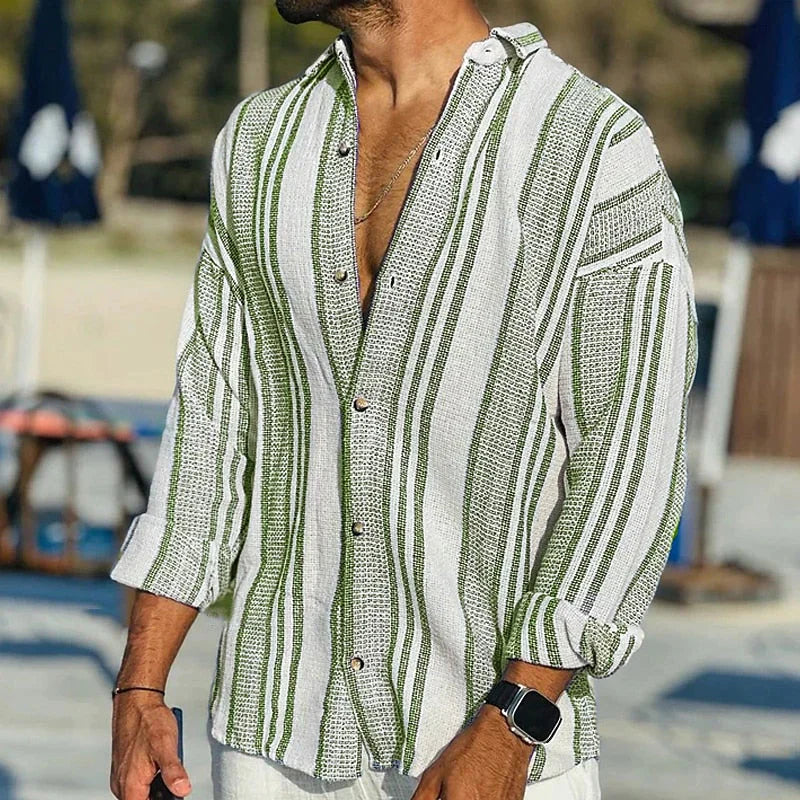 Striped Shirt - Long Sleeve - Loose Fit - Linen Shirt - Men's Summer Shirt-Chaps of London-Green-S-Chaps of London