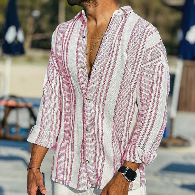 Striped Shirt - Long Sleeve - Loose Fit - Linen Shirt - Men's Summer Shirt-Chaps of London-Pink-S-Chaps of London