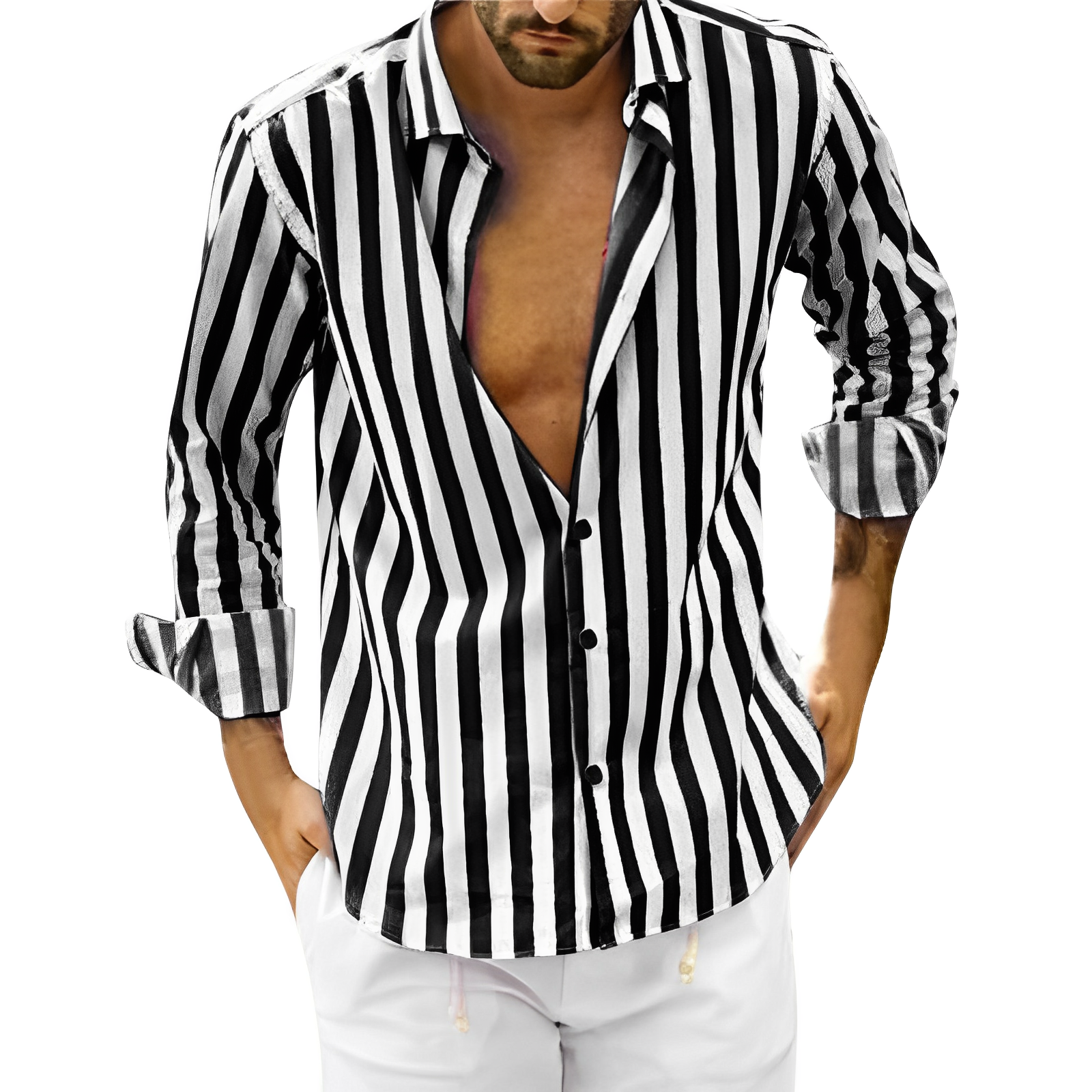Striped Shirt - Men's Casual Button-Up Long Sleeve Shirt-Chaps of London-Black-S-Chaps of London