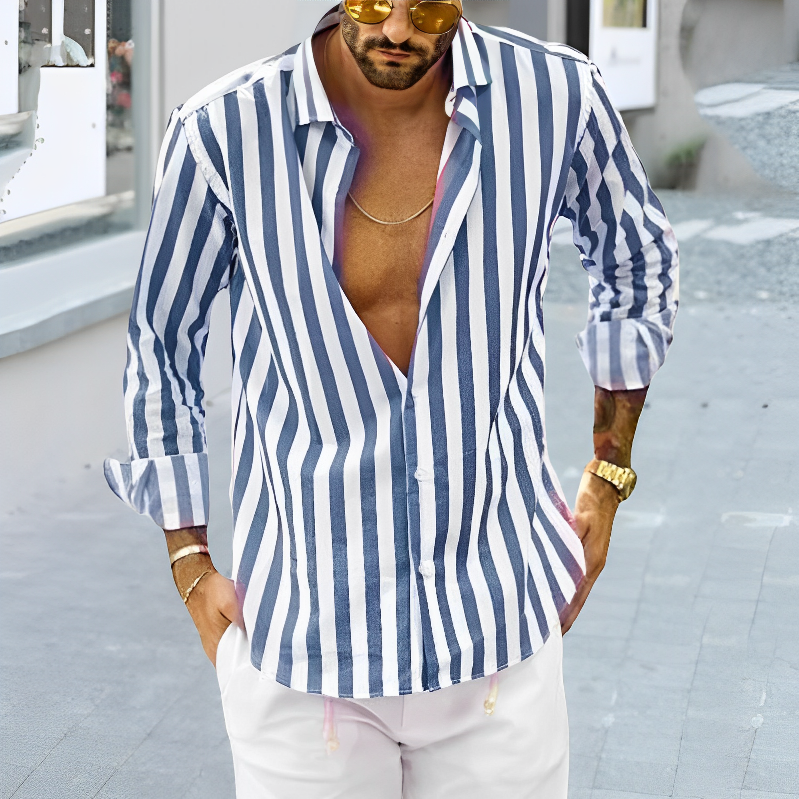 Striped Shirt - Men's Casual Button-Up Long Sleeve Shirt-Chaps of London-Blue-S-Chaps of London