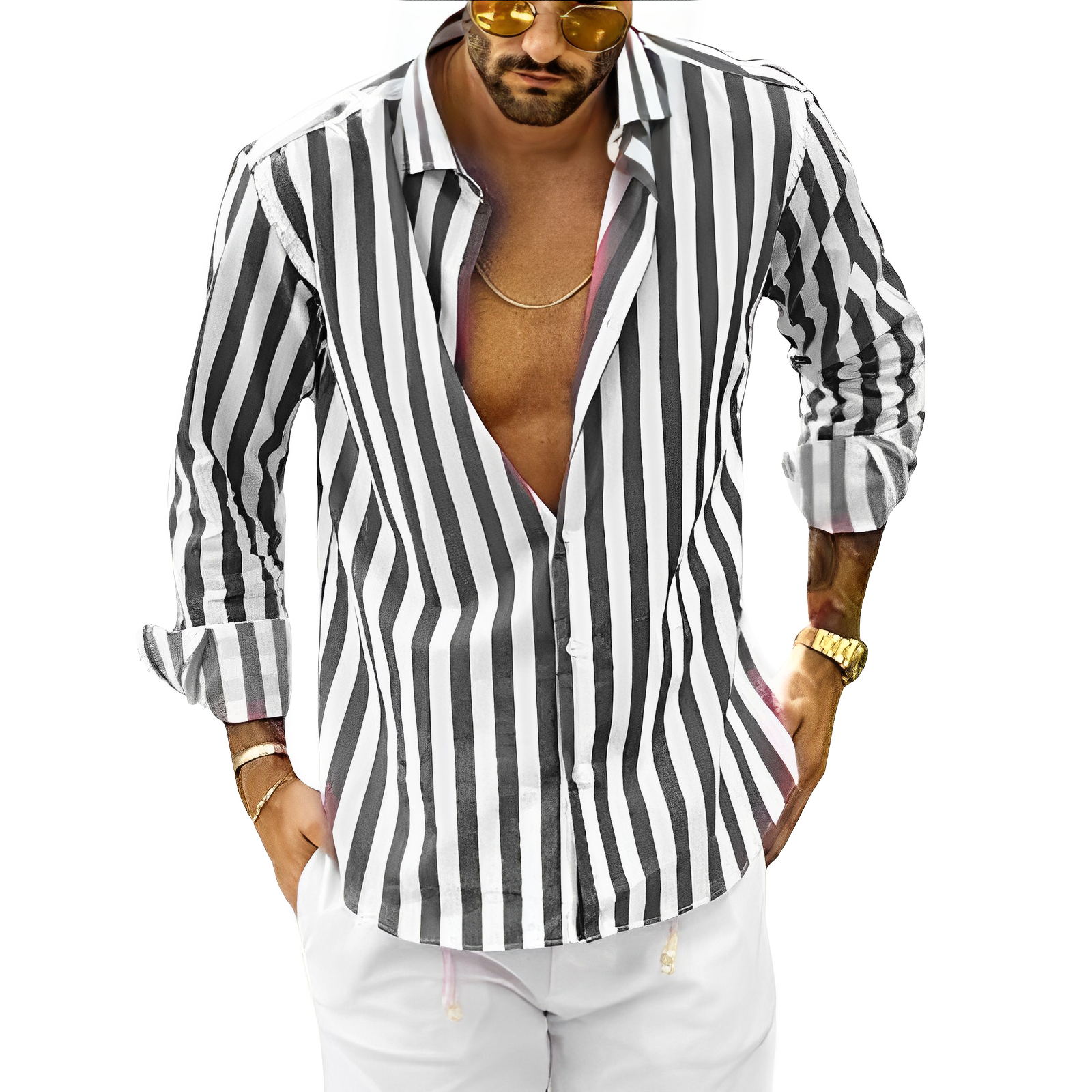 Striped Shirt - Men's Casual Button-Up Long Sleeve Shirt-Chaps of London-Grey-S-Chaps of London