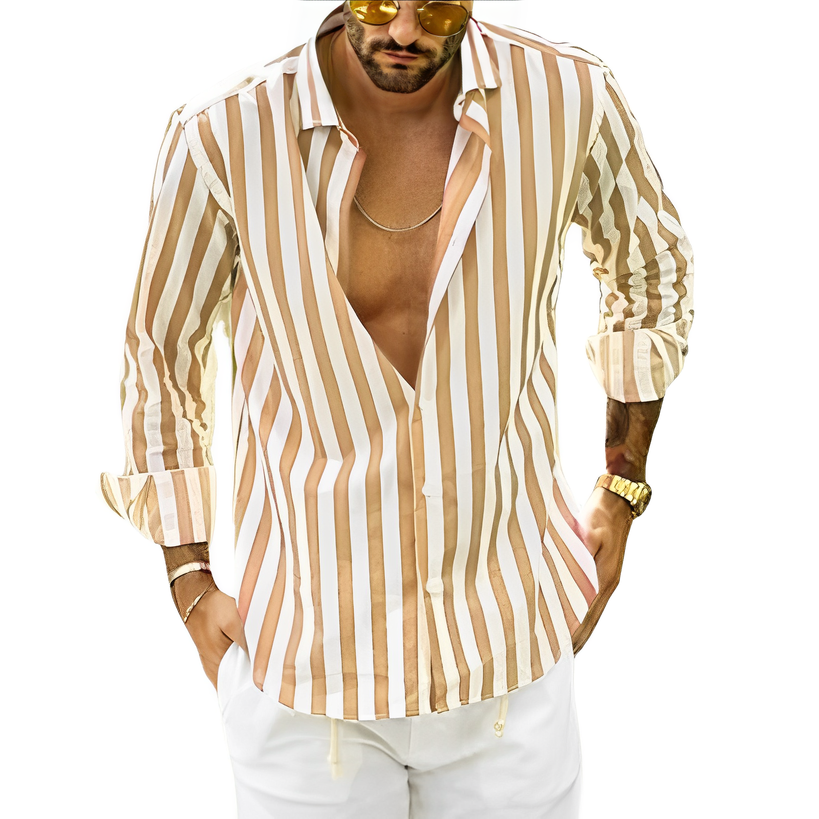 Striped Shirt - Men's Casual Button-Up Long Sleeve Shirt-Chaps of London-Yellow-S-Chaps of London