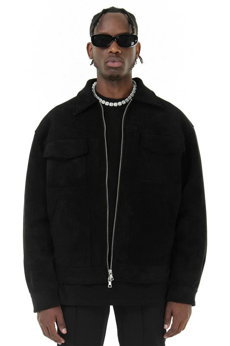 Suede Jacket - Men's Zip-Up Leather Jacket with Pockets-Men Jackets-Chaps of London-Black-S-Chaps of London