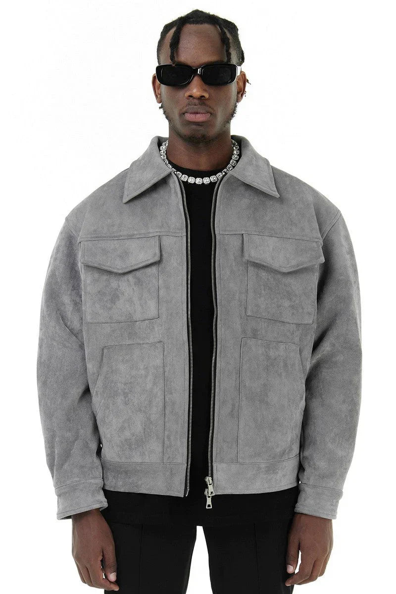 Suede Jacket - Men's Zip-Up Leather Jacket with Pockets-Men Jackets-Chaps of London-Gray-S-Chaps of London