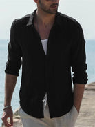 Summer Shirt - Men's Long Sleeve Collared Cotton Linen Shirt-Chaps of London-Black-S-Chaps of London