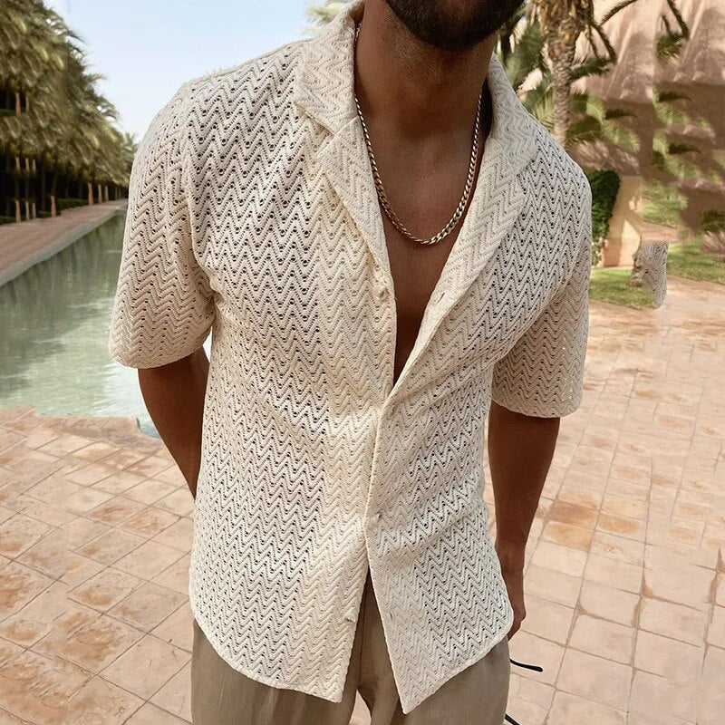 Summer Shirt | V-Neck | Button-Up | Short Sleeve Shirt | Men's Shirt-Chaps of London-Beige-M-Chaps of London