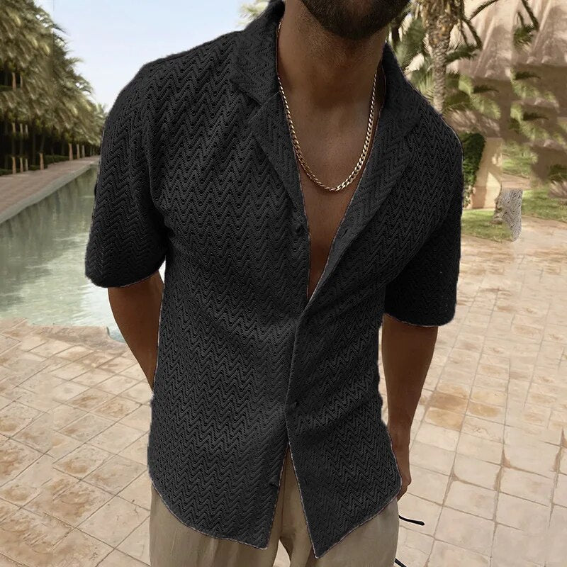 Summer Shirt | V-Neck | Button-Up | Short Sleeve Shirt | Men's Shirt-Chaps of London-Black-M-Chaps of London