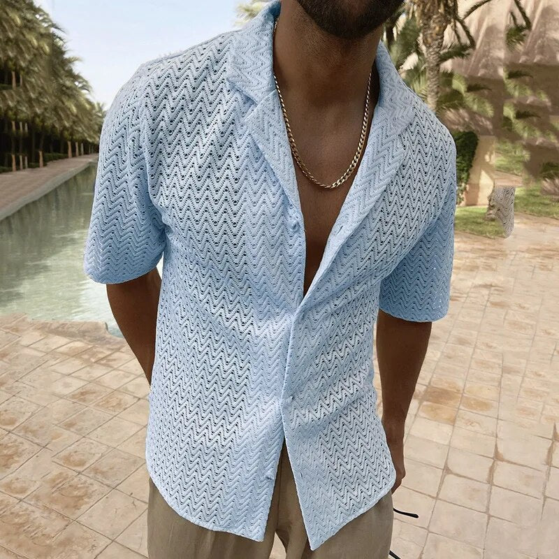 Summer Shirt | V-Neck | Button-Up | Short Sleeve Shirt | Men's Shirt-Chaps of London-Light Blue-M-Chaps of London