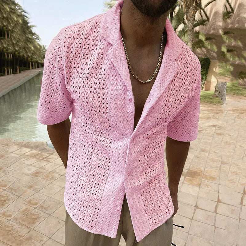 Summer Shirt | V-Neck | Button-Up | Short Sleeve Shirt | Men's Shirt-Chaps of London-Pink-M-Chaps of London