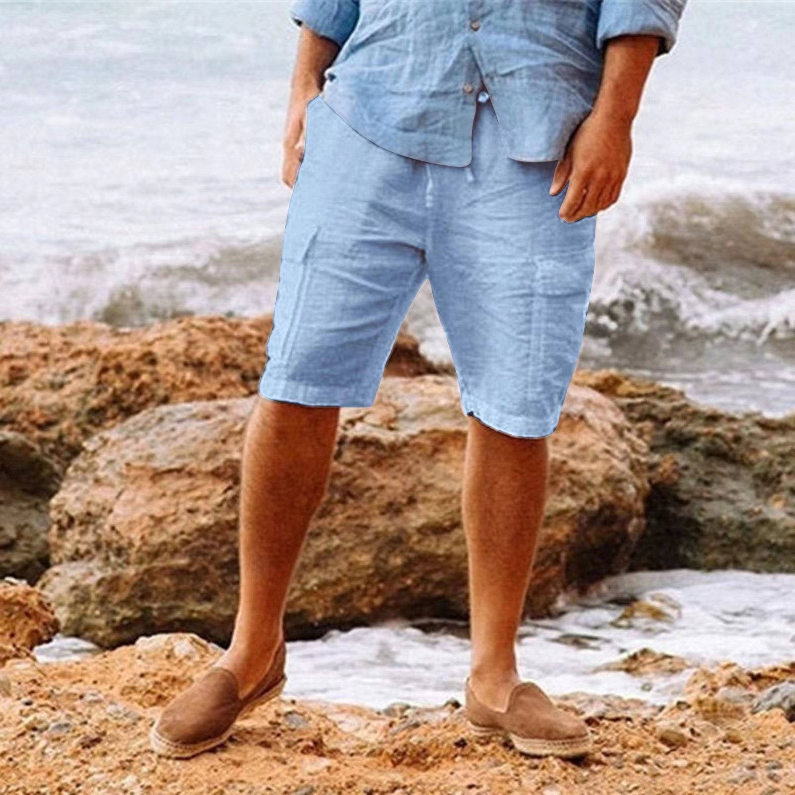 Summer Shorts - Loose Fit - Linen - Cargo Shorts - Men's Shorts-Chaps of London-Blue-M-Chaps of London