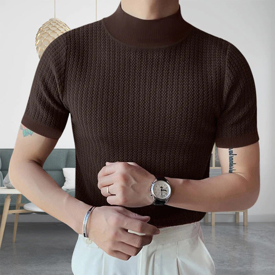 Sweater Tshirt - Men's Short Sleeve Turtleneck Knitted High Neck T-Shirt-Chaps of London-Brown-S-Chaps of London