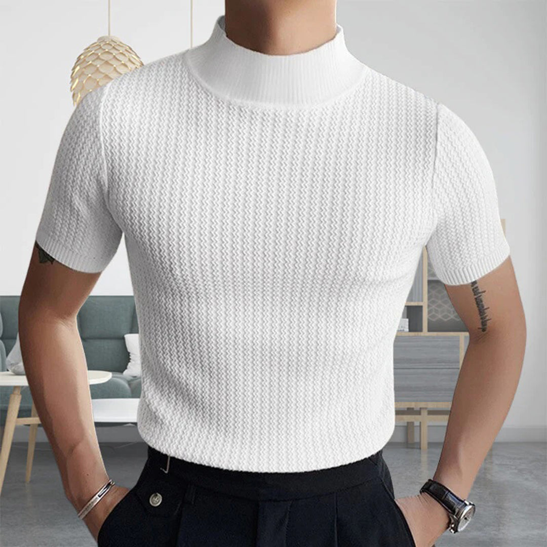 Sweater Tshirt - Men's Short Sleeve Turtleneck Knitted High Neck T-Shirt-Chaps of London-White-S-Chaps of London