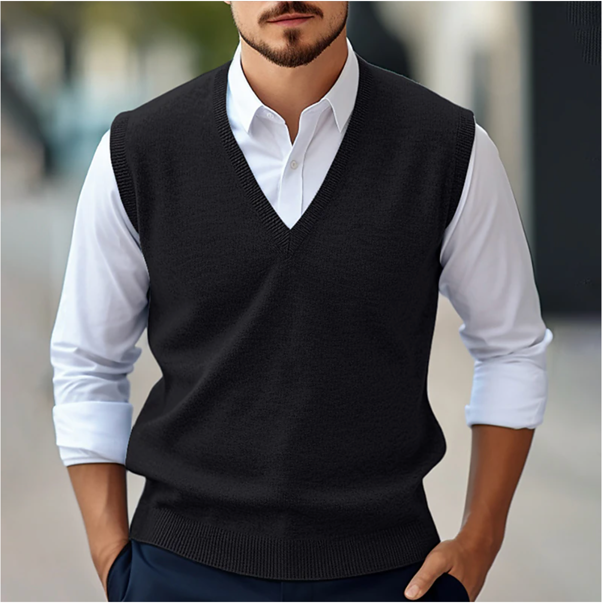 Sweater Vest - V-neck - Sleeveless - Knitted Vest - Men's Vest-Chaps of London-Black-S-Chaps of London
