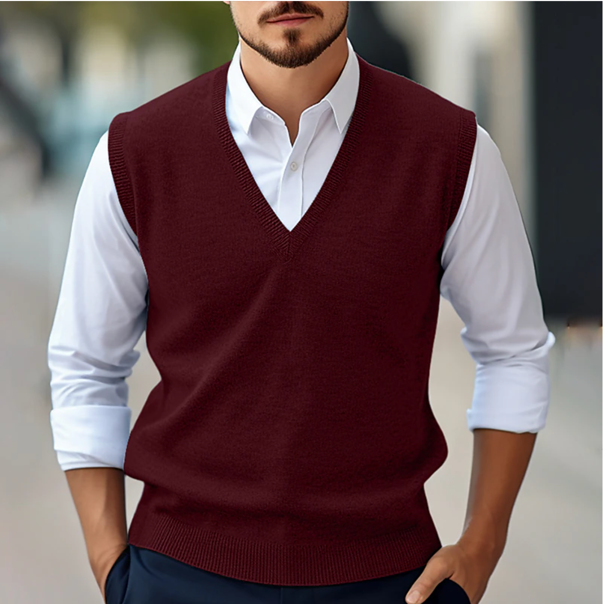 Sweater Vest - V-neck - Sleeveless - Knitted Vest - Men's Vest-Chaps of London-Red-S-Chaps of London