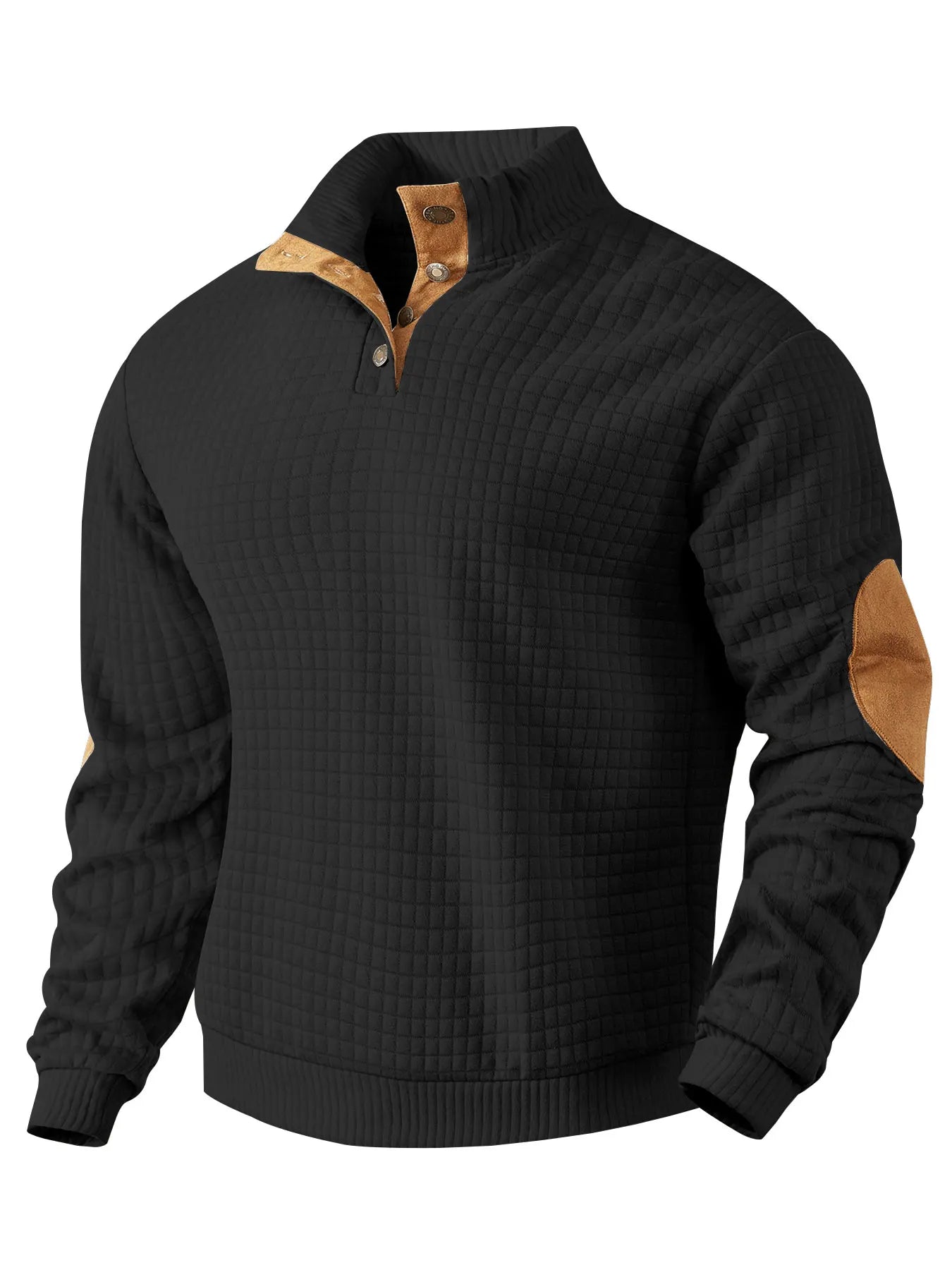 Sweatshirt - Men's Warm Waffle Pullover Sweater with Elbow Patches-Men's Pullover Sweater-Chaps of London-Black-S-Chaps of London