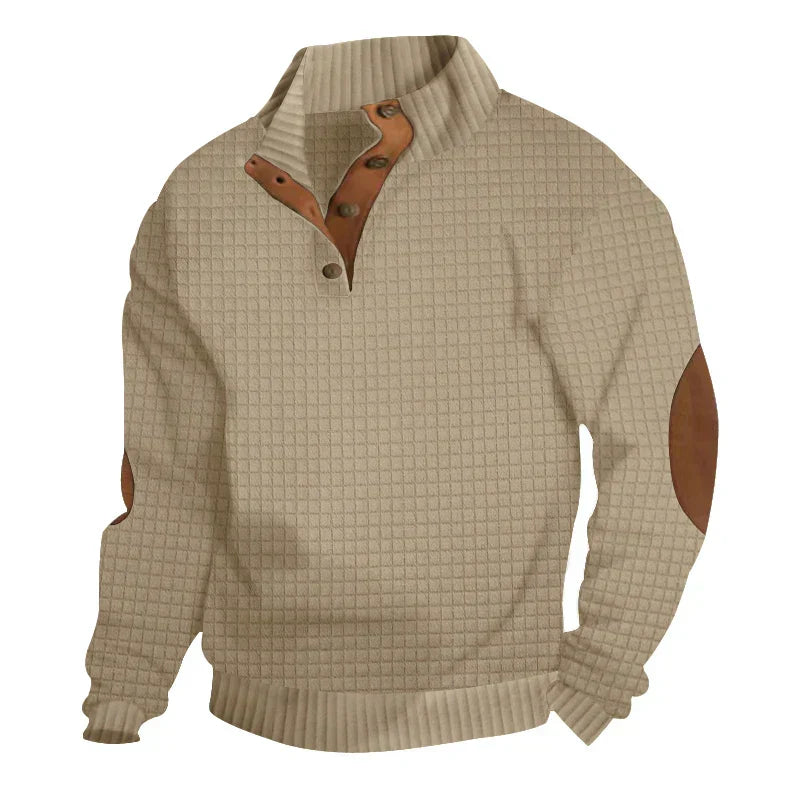 Sweatshirt - Men's Warm Waffle Pullover Sweater with Elbow Patches-Men's Pullover Sweater-Chaps of London-Khaki-S-Chaps of London
