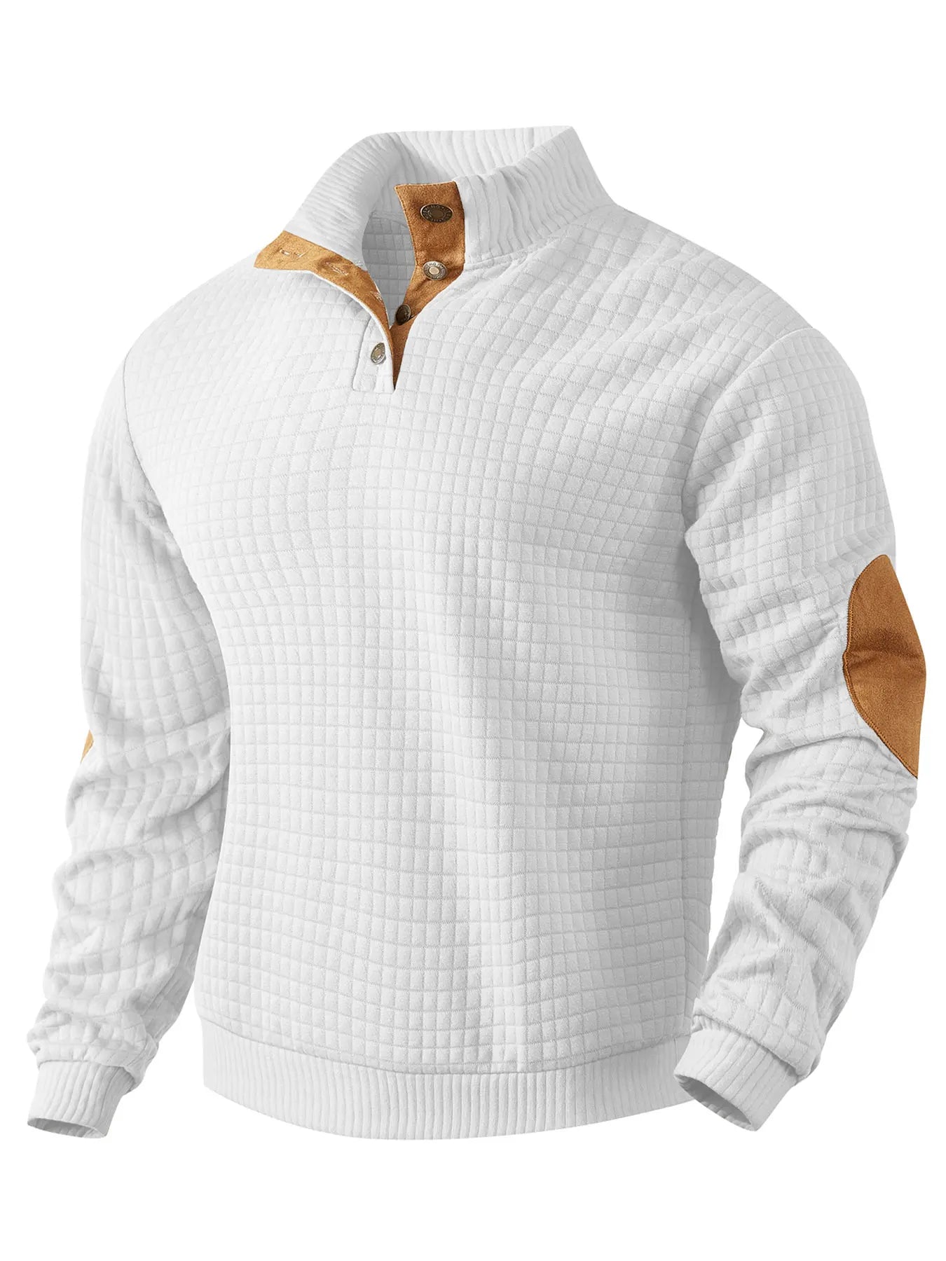 Sweatshirt - Men's Warm Waffle Pullover Sweater with Elbow Patches-Men's Pullover Sweater-Chaps of London-White-S-Chaps of London