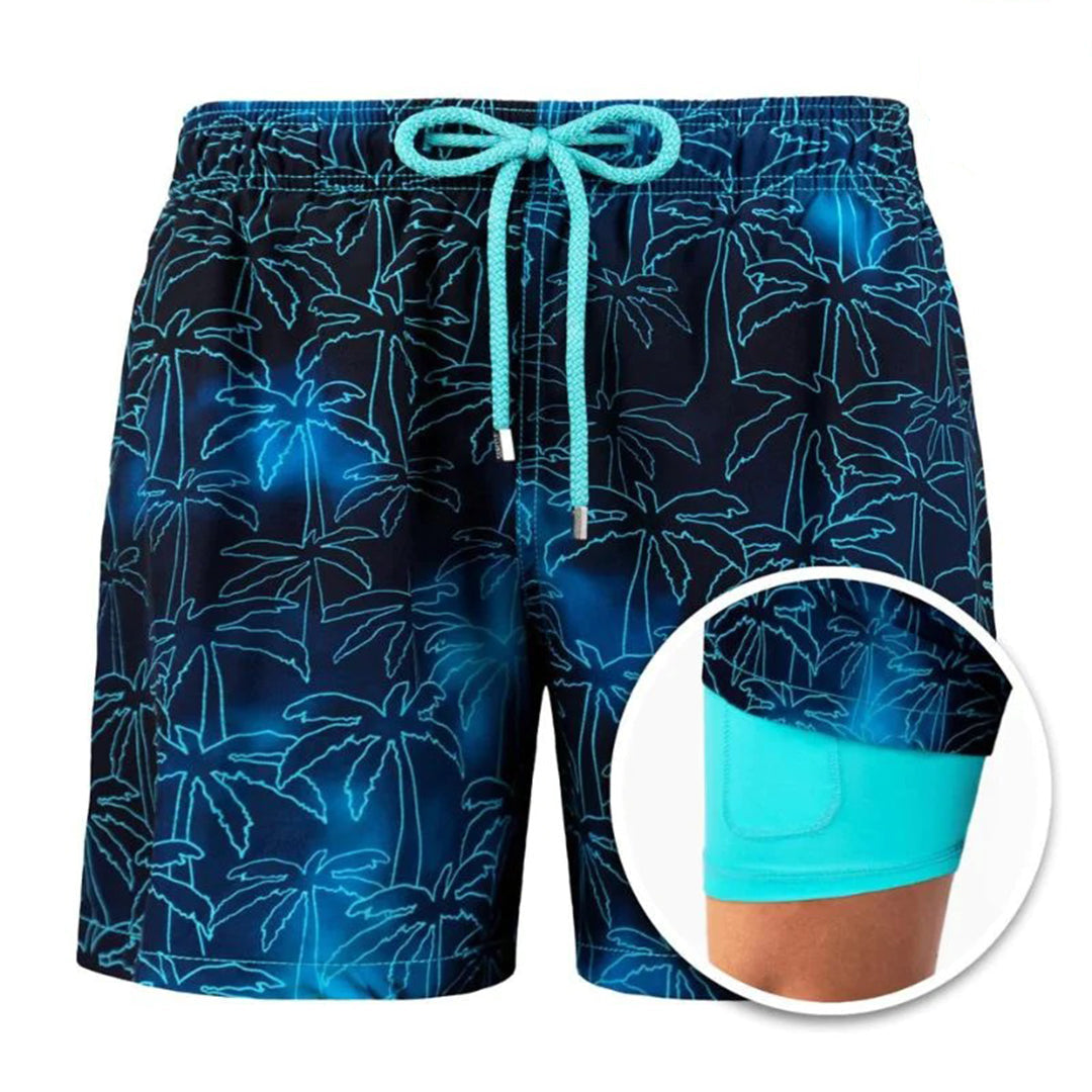 Swim Shorts - Drawstring - 2-in1 - Board Shorts - Men's Swimwear-Fashion Men Others All-year-Chaps of London-Blue Palm-S-Chaps of London