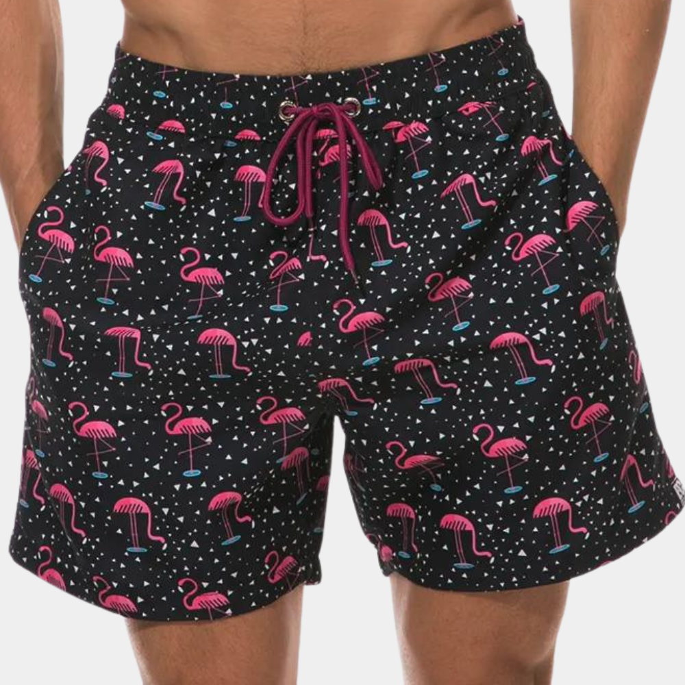 Swim Shorts - Drawstring - Printed - Board Shorts - Men's Clothing-Men Summer Short-Chaps of London-Black Flamingo-S-Chaps of London