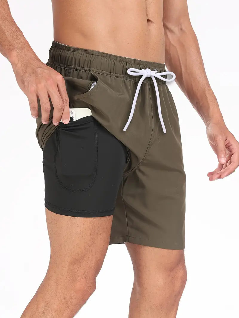 Swim Shorts - Men's Drawstring Quick Dry 2-in-1 Board Shorts-Chaps of London-Army Green-S-Chaps of London