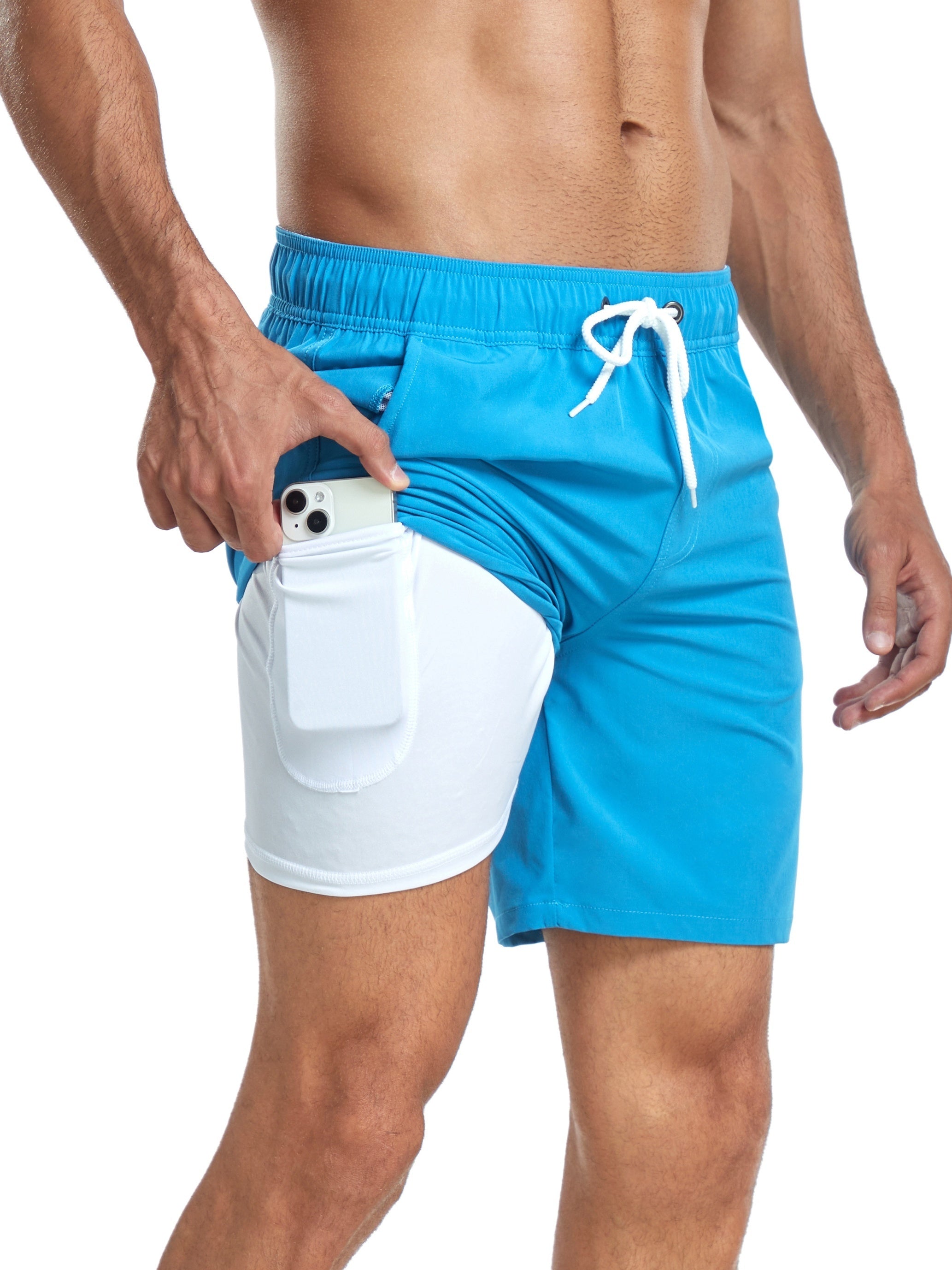 Swim Shorts - Men's Drawstring Quick Dry 2-in-1 Board Shorts-Chaps of London-Light Blue-S-Chaps of London