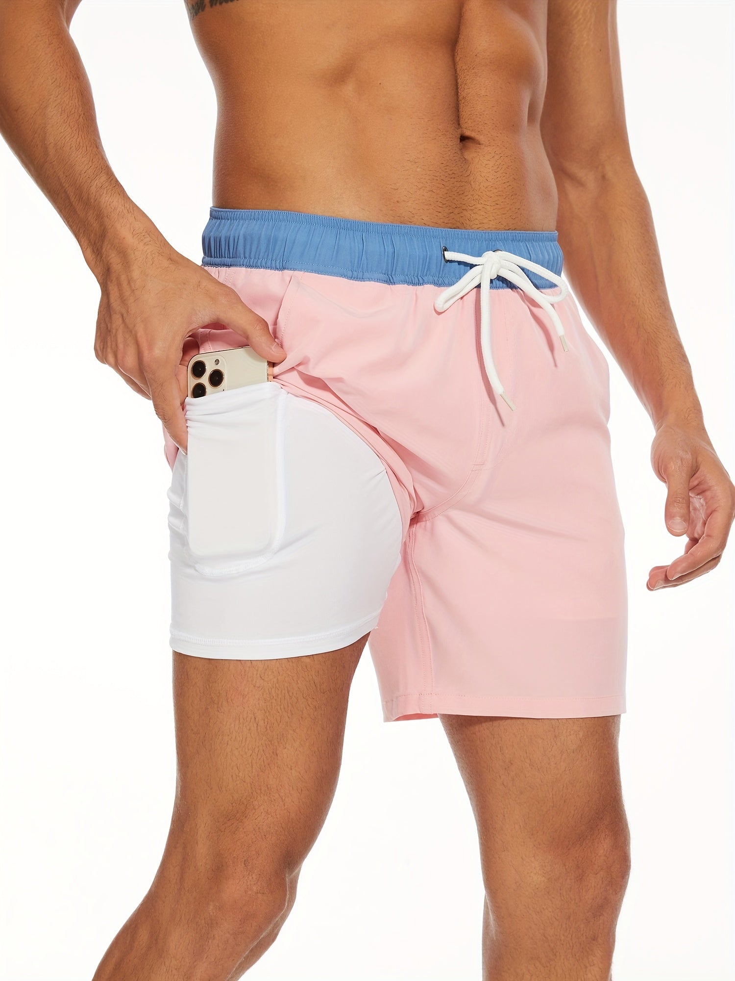 Swim Shorts - Men's Drawstring Quick Dry 2-in-1 Board Shorts-Chaps of London-Pink-S-Chaps of London