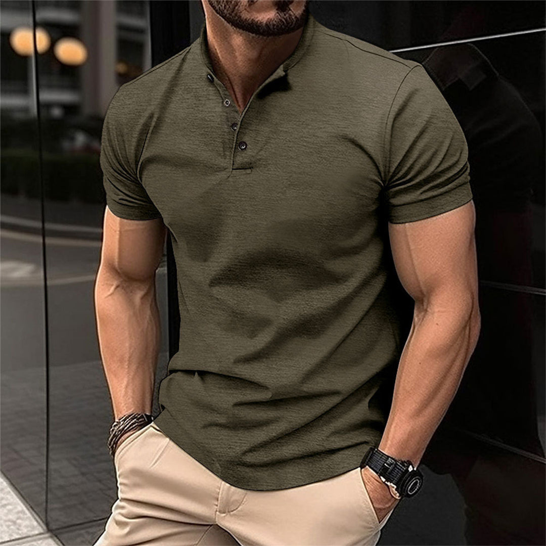 T-Shirt - Men's Casual Plain Button Neck T-Shirt-Chaps of London-Army Green-S-Chaps of London