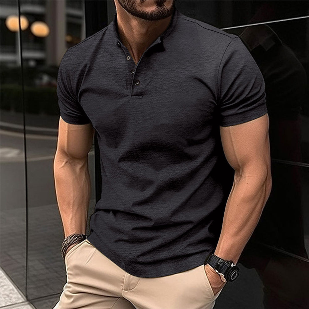 T-Shirt - Men's Casual Plain Button Neck T-Shirt-Chaps of London-Black-S-Chaps of London