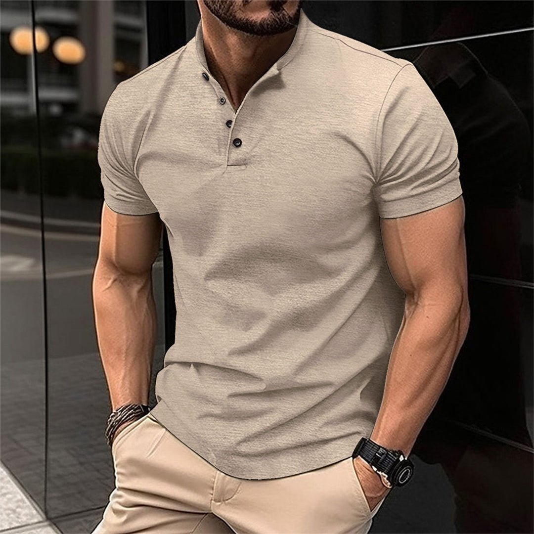 T-Shirt - Men's Casual Plain Button Neck T-Shirt-Chaps of London-Khaki-S-Chaps of London