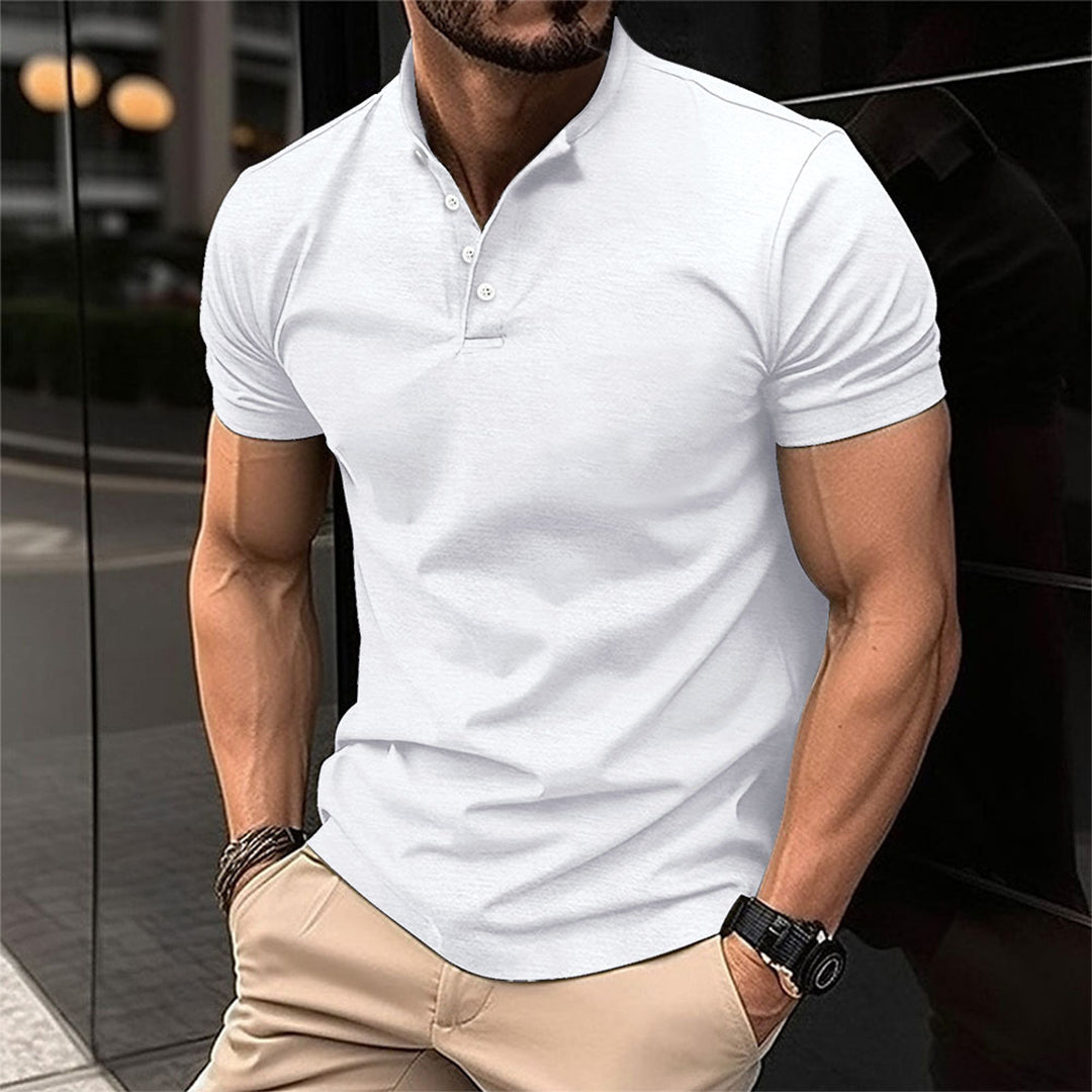 T-Shirt - Men's Casual Plain Button Neck T-Shirt-Chaps of London-White-S-Chaps of London