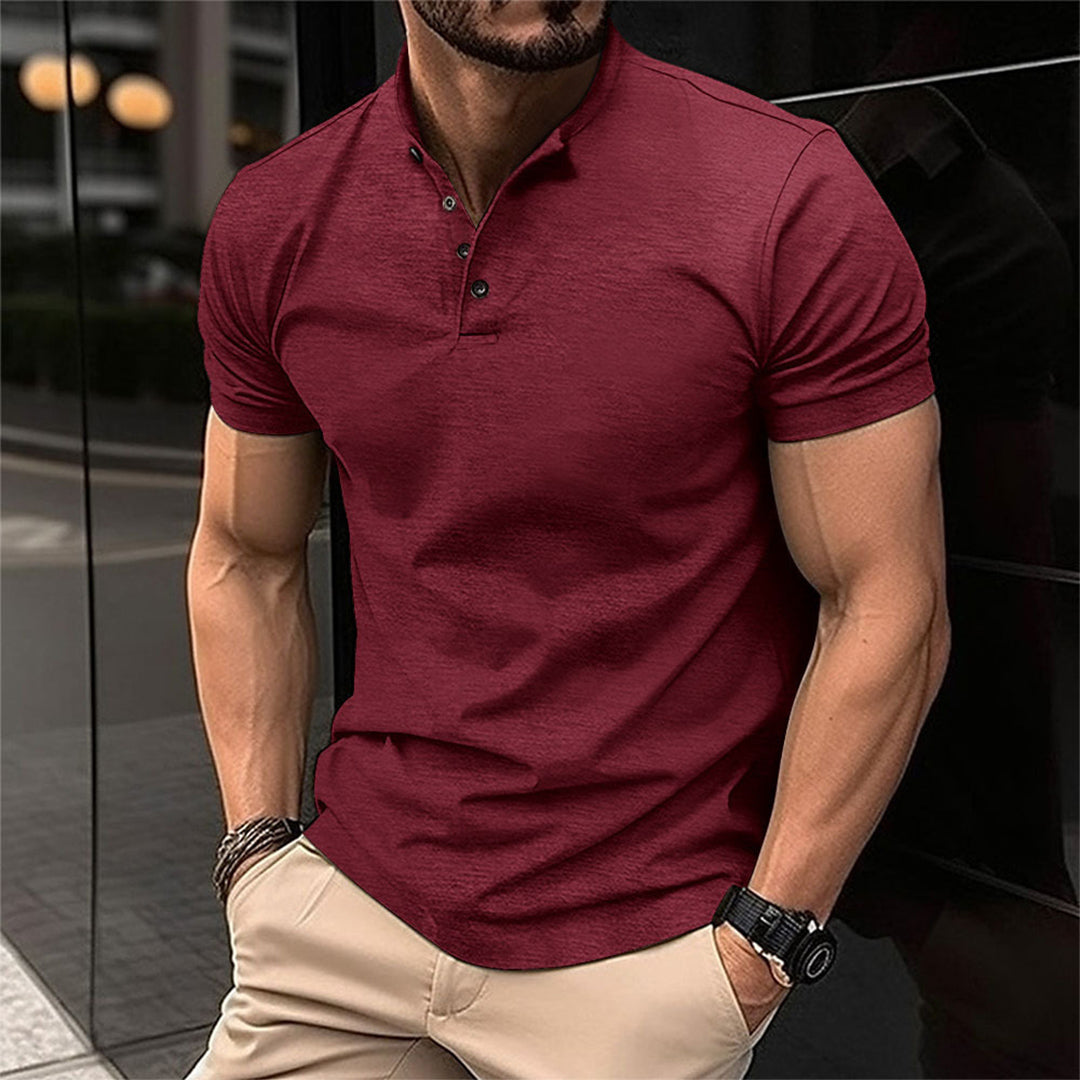 T-Shirt - Men's Casual Plain Button Neck T-Shirt-Chaps of London-Wine Red-S-Chaps of London