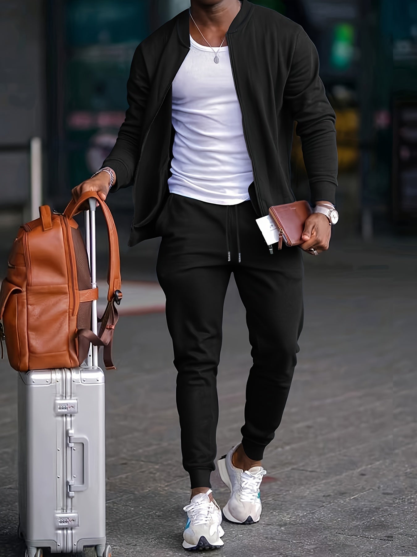 Tracksuit - Men's Drawstring Zip-Up Two-Piece Jogger Set-Chaps of London-Black-S-Chaps of London