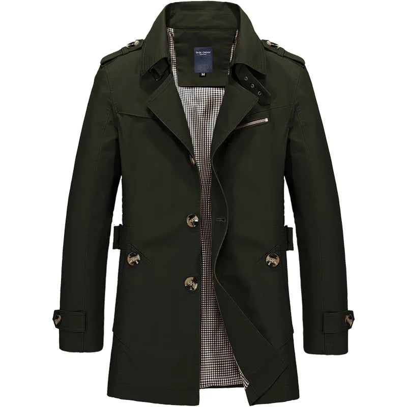 Trench Coat - Men's Classic Mid Length Single Breasted Trench Coat-Chaps of London-Green-M-Chaps of London