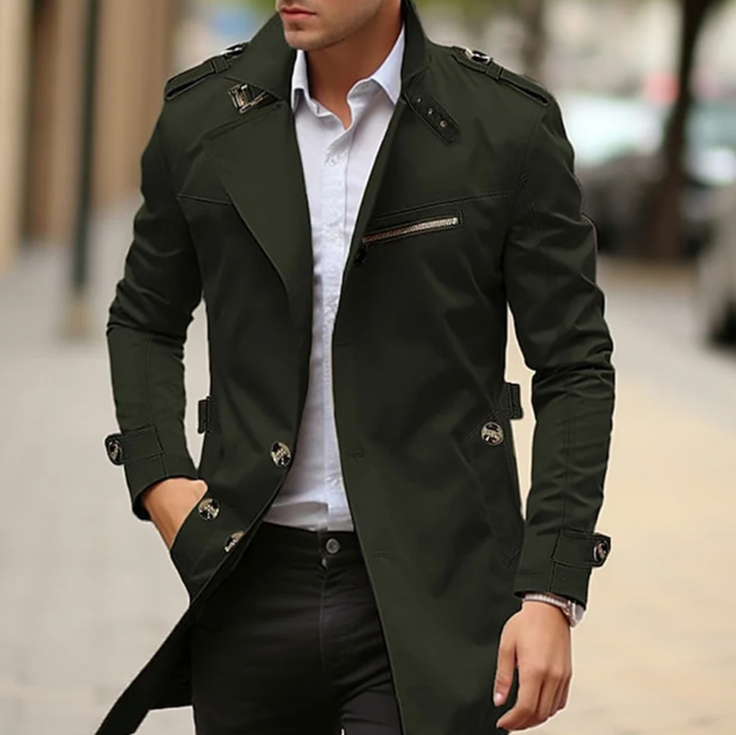 Trench Coat - Men's Classic Mid Length Single Breasted Trench Coat-Men's Coat-Chaps of London-Green-S-Chaps of London